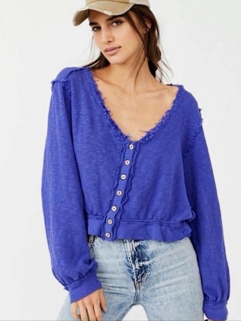 Free People Oversize Blue Button-Front Women's Crop Cardigan